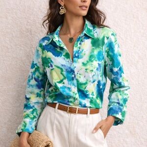 Plus size 2XL Cool Button Down Dress Shirt Artsy Chic Abstract Print Blouse